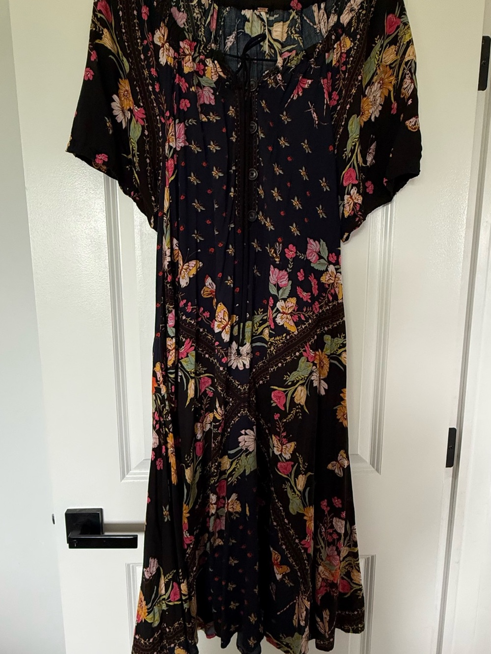 Free People Black/Navy long Dress with Pink & Yellow Floral Print